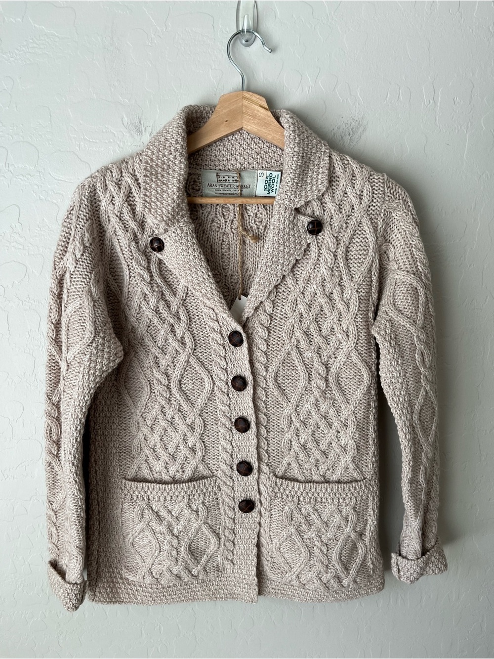 Aran Sweater Market Revere Button Collar Cable Knit Merino Wool Cardigan NEW NWT - Picture 2 of 6